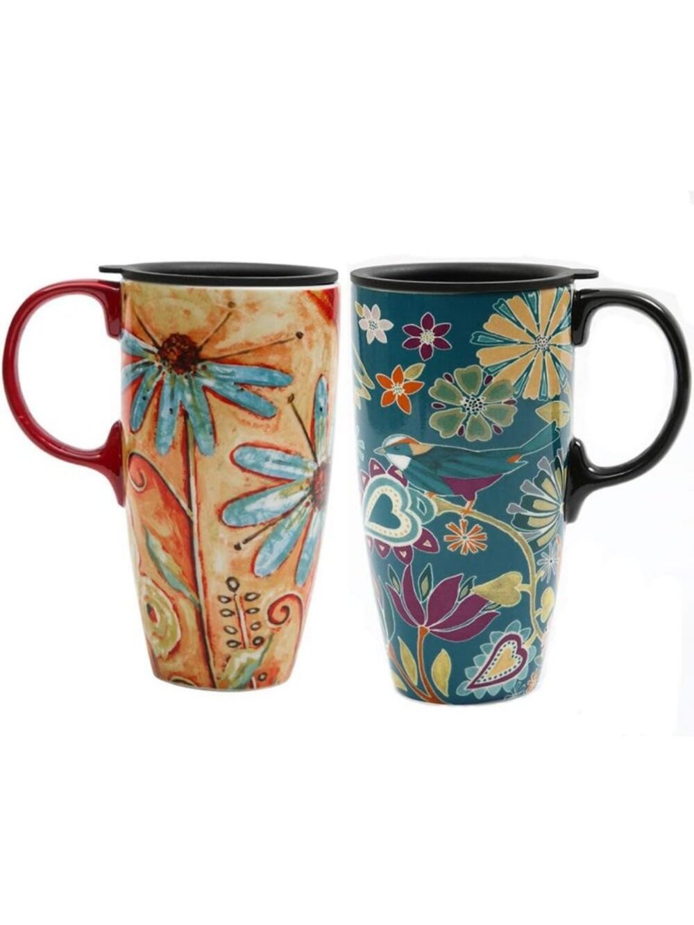 Set of 2 Stylish Ceramic Travel Mugs with Lid - 17oz Coffee Cups for On-the-Go